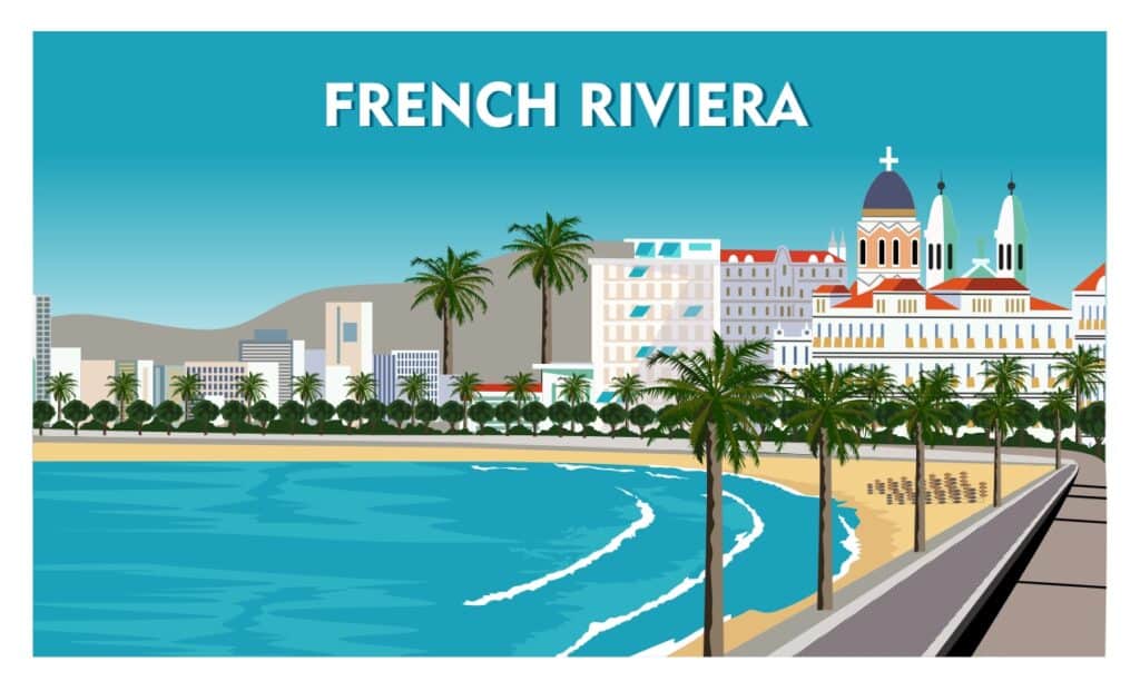 Elegant vintage-style illustration of the glamorous coastal town of Cannes on the French Riviera, renowned for its luxury yachts, designer boutiques and star-studded film festival, showcasing its chic architecture, lush palm trees, and the sparkling Mediterranean Sea in the background.
