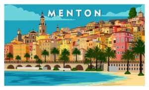 Vintage-style illustration of the charming coastal town of Menton, nestled on the French Riviera, showcasing its pastel-colored buildings, lush palm trees, and the sparkling Mediterranean Sea in the background.