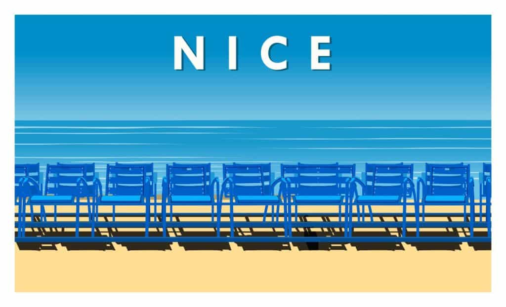Lavish vintage-style illustration of the glamorous coastal city of Nice, known for its luxurious lifestyle, stunning beaches, and renowned promenade, showcasing its elegant architecture, lush vegetation, and the sparkling Mediterranean Sea in the background.
