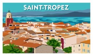 Opulent vintage-style illustration of the luxurious coastal town of Saint-Tropez, renowned for its glamour, yachts and jet-set lifestyle, showcasing its chic architecture, lush vegetation, and the sparkling Mediterranean Sea in the background.