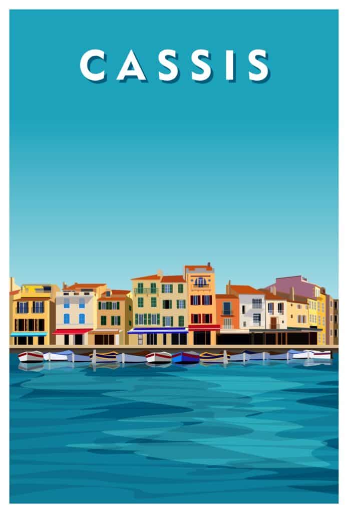 Vintage-style illustration of the charming coastal town of Cassis, known for its picturesque harbor and beautiful coves, showcasing its pastel-colored buildings, lush vegetation and the sparkling Mediterranean Sea in the background.
