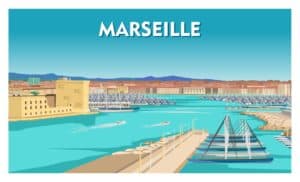 Vintage-style illustration of the vibrant coastal city of Marseille, France's oldest city and known for its rich history, cultural diversity and Mediterranean atmosphere, showcasing its colorful architecture, bustling port