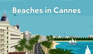 Elegant vintage-style illustration of the glamorous coastal town of Cannes, renowned for its luxury yachts, designer boutiques and star-studded film festival, showcasing its chic architecture, lush palm trees, and the sparkling Mediterranean Sea in the background.